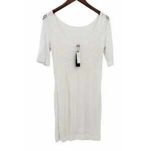Banana Republic Dress Size 4 Small White Perforated Midi Stretch Lined NEW